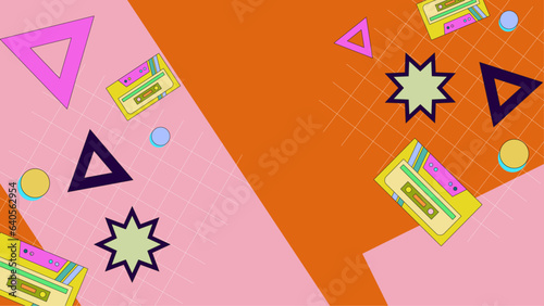90s and 80s poster. We Love The 90's. Retro style textures and text mix. Aesthetic fashion background and eighties graphic. Pop and rock music party event template. Vintage vector poster, banner.