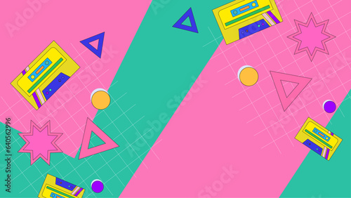 90s and 80s poster. We Love The 90's. Retro style textures and text mix. Aesthetic fashion background and eighties graphic. Pop and rock music party event template. Vintage vector poster, banner.