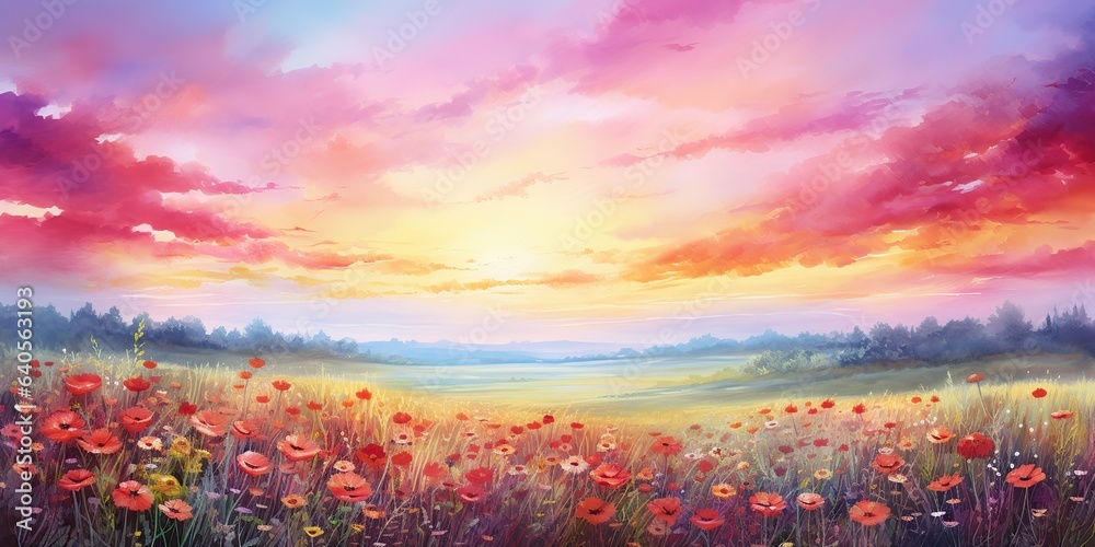 AI Generated. AI Generative. Watercolor ink drawing painting field meadow sun nature outdoor landscape background. Graphic Art