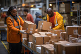 In a bustling warehouse, workers diligently pack and label items, ensuring they're ready for expedited delivery to eager customers