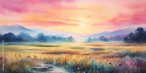 AI Generated. AI Generative. Watercolor ink drawing painting field meadow sun nature outdoor landscape background. Graphic Art