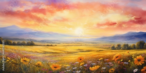 AI Generated. AI Generative. Watercolor ink drawing painting field meadow sun nature outdoor landscape background. Graphic Art © AkimD