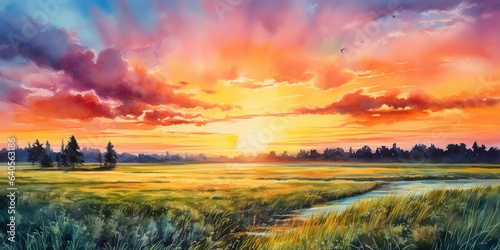 AI Generated. AI Generative. Watercolor ink drawing painting field meadow sun nature outdoor landscape background. Graphic Art photo