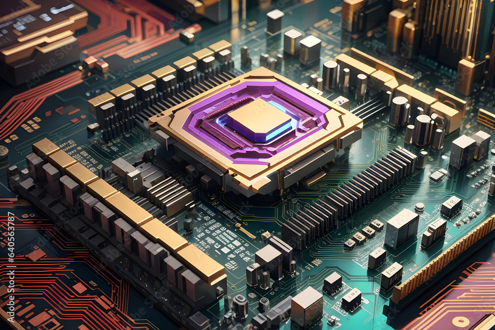 Central Computer Processors CPU concept. Motherboard digital chip. Technology science background. Integrated communication processor. 3D illustration. Japanise Style. Generative AI