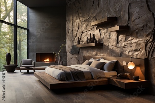 Fabulous and luxurious designer bedroom with natural sunlight stone walls and natural materials. Modern bedroom, contemporary 3d render © aboutmomentsimages