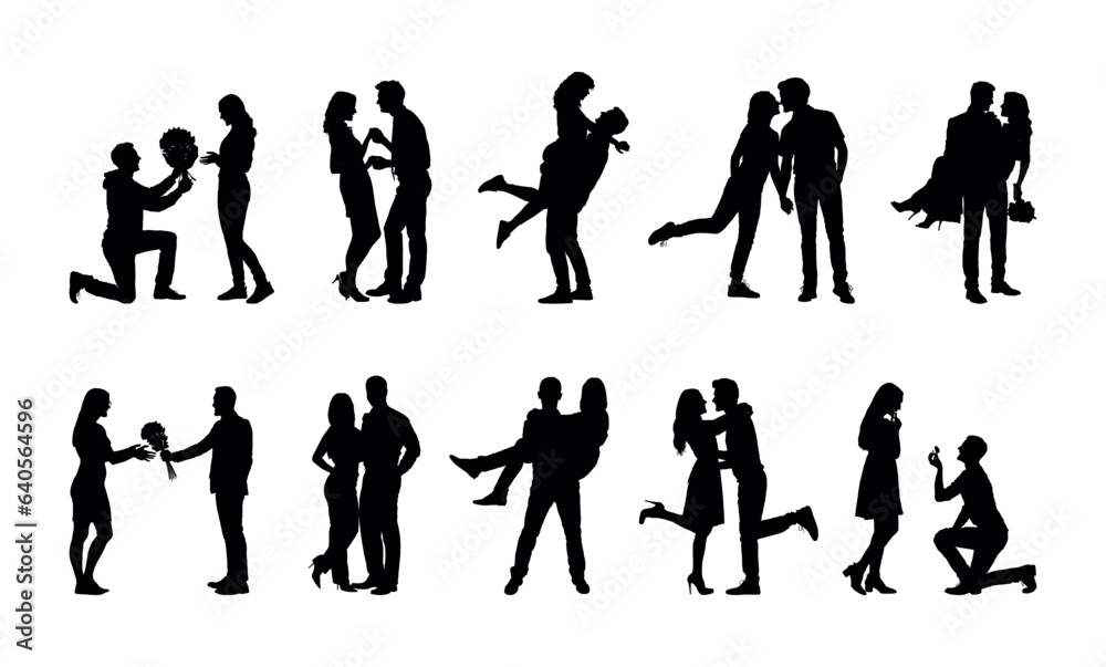 Naklejka premium Silhouettes set of romantic couple portrait with different poses collection.