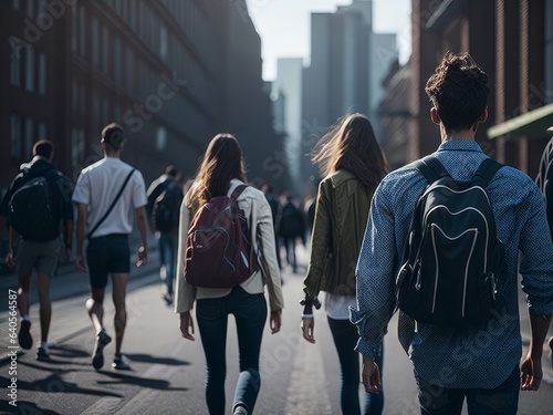 Back of students going to campus