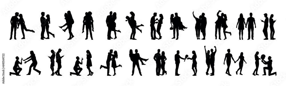 Couple portrait with various romantic poses vector silhouette set collection.