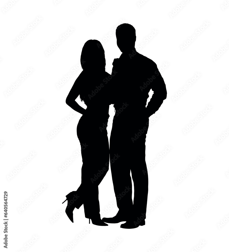 Couple standing and hugging together portrait vector silhouette.