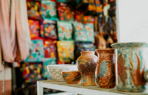 Close up of handmade jugs and varieties in the masaya handicraft market photo