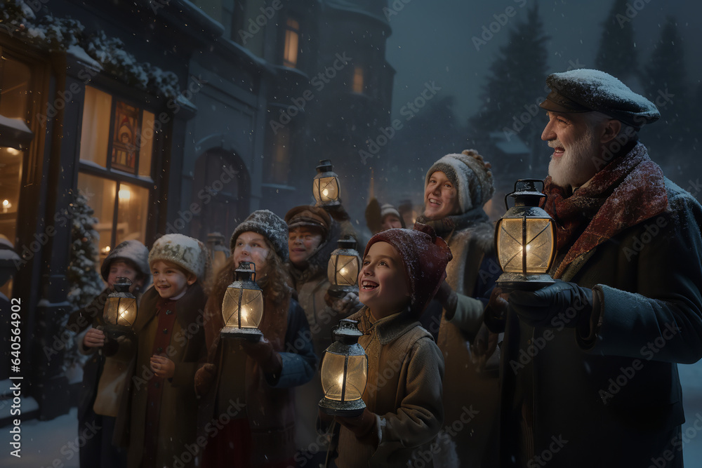 Fototapeta premium Group of joyous carolers, lanterns in hand, serenade a snow-covered street, filling the chilly air with heartwarming melodies