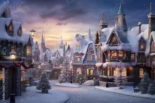 A serene Christmas village blanketed in fresh snow, with glowing windows piercing the dusk, paints a timeless holiday scene