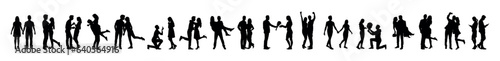 Couple with various romantic poses vector silhouette set collection. Couple different poses standing in row silhouettes.