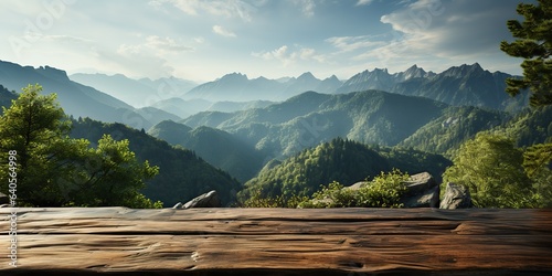 AI Generated. AI Generative. Wooden table nature outdoor forest mountain nature landscape background. Graphic Art