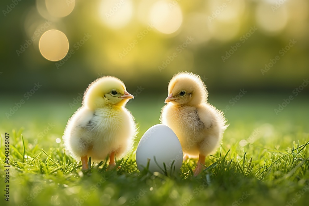 two newborn chickens and an egg on the grass