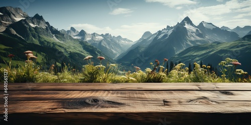 AI Generated. AI Generative. Wooden table nature outdoor forest mountain nature landscape background. Adventure journey explore inspiration