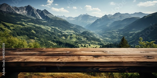 AI Generated. AI Generative. Wooden table nature outdoor forest mountain nature landscape background. Adventure journey explore inspiration