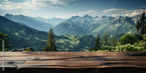 AI Generated. AI Generative. Wooden table nature outdoor forest mountain nature landscape background. Adventure journey explore inspiration