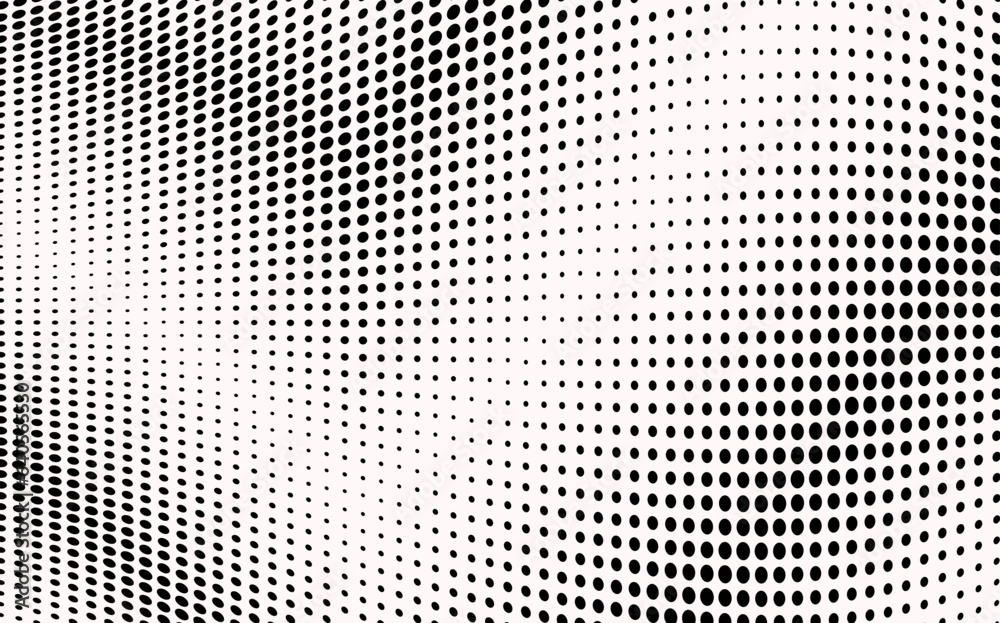 Pop art gradient background with abstract curve. Optical spotted texture. Halftone dot pattern. Comic half tone effect. Black white banner. Monochrome vector illustration