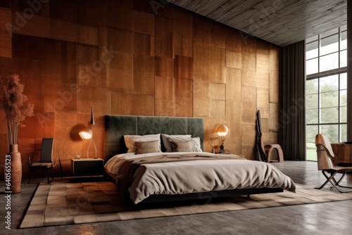 Generous Bedroom designer, Combining Chic Elegance, Inviting Hardwood Floors, Wood Walls, and Soft Beige Tones.