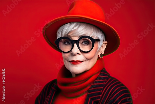Studio shot of handsome senior woman hipster dressed in stylish coat and sunglasses. Isolated on red background © PaulShlykov