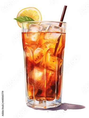Glass of iced tea watercolor illustration - Generative AI.