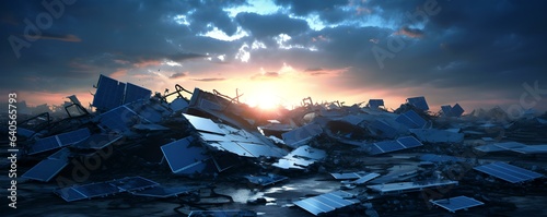 Endstation Müllkippe: Sonnenuntergang hinter veralteten Solarpanels