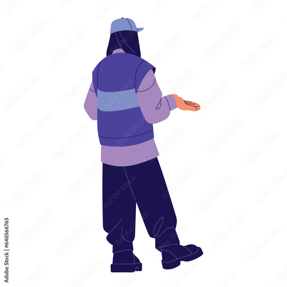 Person standing in a vest, back view. People wearing in casual urban outfit, clothes in oversize style. Young woman in cap backside. Flat isolated vector illustration in white background