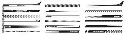 Black racing stripes. Modern race modification mark, elegant futuristic techno decals for bike car and motorcycle. Vector set. Motor vehicle stickers for tuning isolated collection
