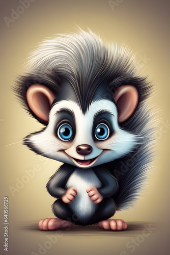 An adorable cartoon black and white skunk.