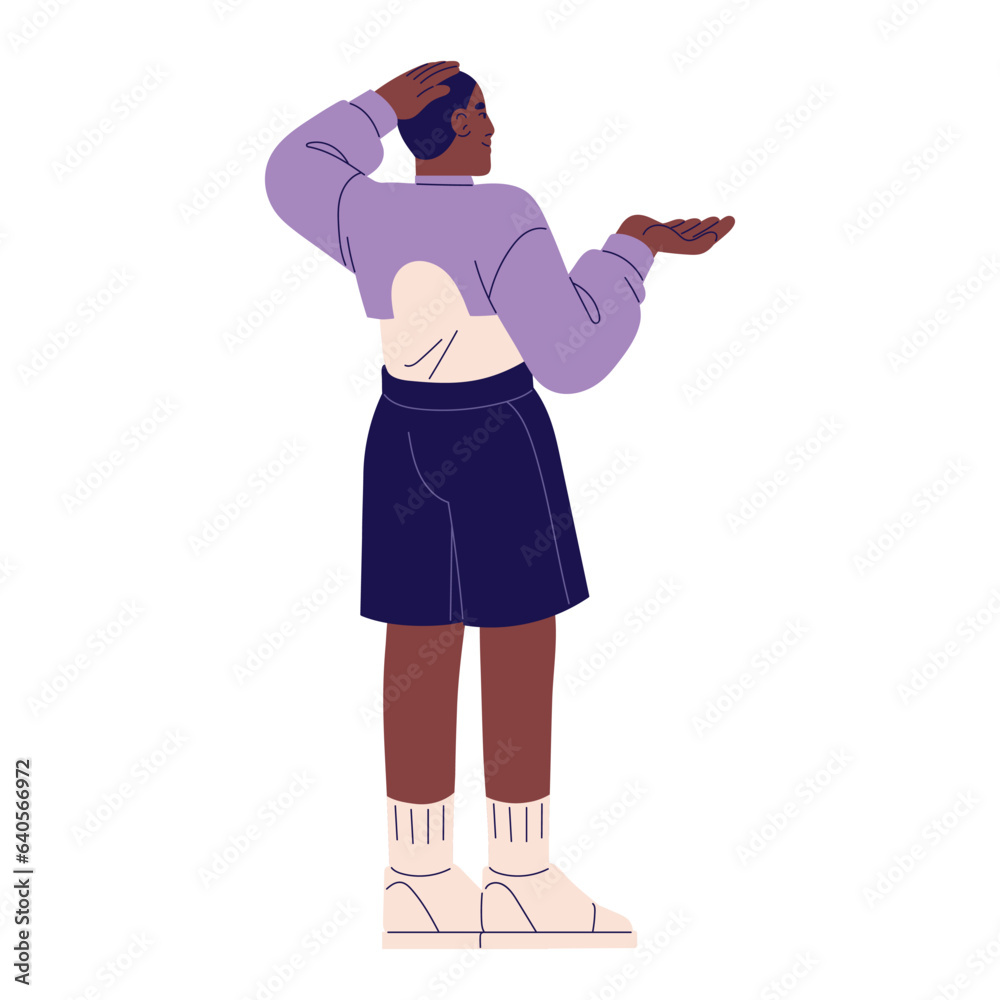 Young black man standing, back view. Boy wearing clothes in sport style, person in cropped sweatshirt and shorts. Fashionable urban male outfit. Flat isolated vector illustration on white background Young black man standing, back view. Boy wearing clothes in sport style, person in cropped sweatshirt and shorts. Fashionable urban male outfit. Flat isolated vector illustration on white background