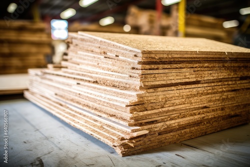 OSB boards in stock chipboard stacked on pallets photo