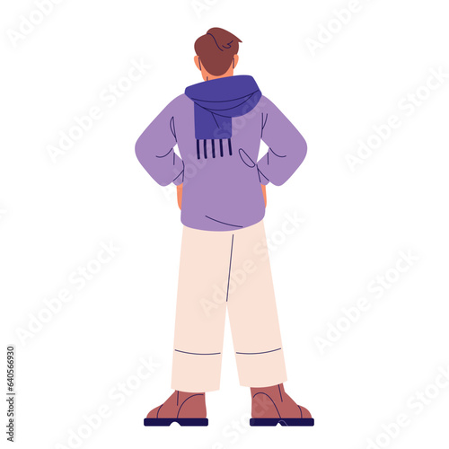 Man standing in pose: hands on his hips, back view. Young person wearing trousers, boy with warm scarf in urban outfit, casual male style. Flat isolated vector illustration on white background