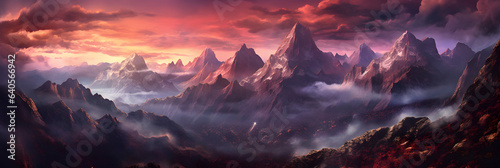 A Mountain Dream Panorama with awesome sky during golden hour hiking in the mountains, beautiful cloudy sky in an unbelievable dream world of mountains, generative ai 