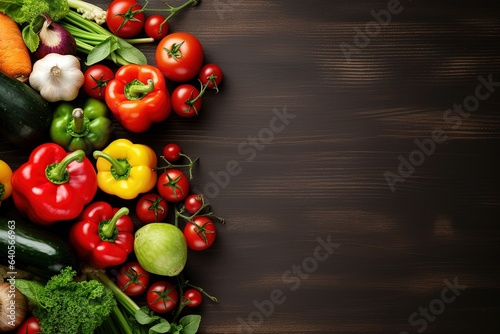 Fresh healthy vegetables arranged flat on a dark background