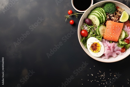 Salad made of fresh vegetables on a plate on adark background. Space for a message, copyspace. photo