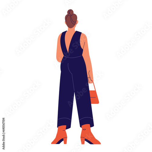 Young woman standing, hold bag in hand, back view. Girl wearing official overalls. Elegant female suit, modern formal outfit, urban style. Flat isolated vector illustration on white background