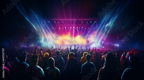 large crowd of people at a concert with great lightshow on the stage  photo