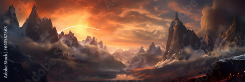 A Mountain Dream Panorama with awesome sky during golden hour hiking in the mountains, beautiful cloudy sky in an unbelievable dream world of mountains, generative ai 