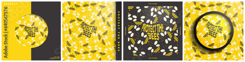 Set of Protect the bees and save the bees concept design artworks, bee themed card templates for designs and posters. Vivid and colorful bee conservation posters. Vector Illustration. 