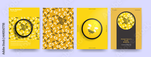 Minimalist Protect The Bees Poster Set. Flat Bee Pattern on dark and honeycomb backgrounds. Editable with copy space. For posters, cards, covers, leaflets, flyers, brochures, documents. EPS 10.
