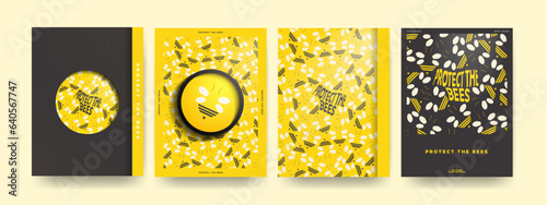 Protect The Bees Poster Set in yellow and black. Minimalist and simple Bee conservation themed concept posters. Vector Illustration. EPS 10.
