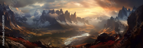 A Mountain Dream Panorama with awesome sky during golden hour hiking in the mountains, beautiful cloudy sky in an unbelievable dream world of mountains, generative ai  © Marc
