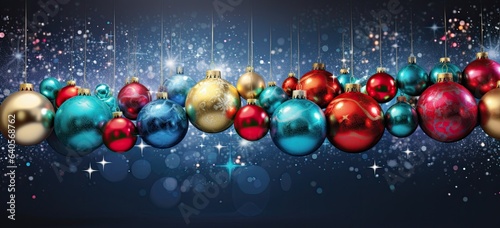 Christmas balls with bokeh lights. Merry Christmas banner. © Postproduction