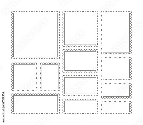 Rectangular perforated labels collection. Blank outline borders for mail letter. Post stamps. Postage frames set. Empty postal stamp. White paper postmarks on gray background. Vector illustration.