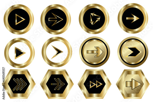 Golden arrows vector icon in trendy flat design, in golden circles and pentagons. Vector illustration of movement and direction concept.