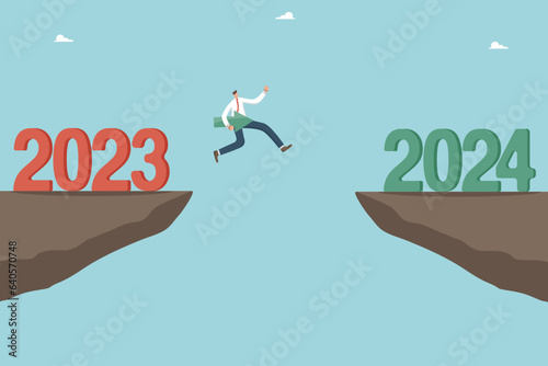 Overcoming obstacles and failures in the outgoing 2023, solving unfinished tasks in the outgoing year, motivation for success and growth in new year 2024, man with pole is jumping over cliff by 2024.