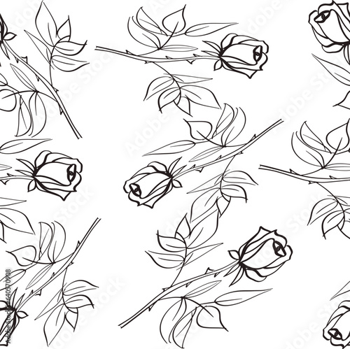 Wallpaper Mural black line seamless pattern with branches leaves, rose on white background
 Torontodigital.ca