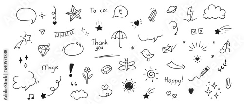 Cute Doodle pen line elements. Heart, bubble, doodle, arrow, star, icon, shiny ornaments set. Simple drawing in line style sketch, attention, lettering, text, pattern elements. Vector illustration.