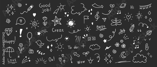 Cute Doodle pen line elements. Heart, bubble, doodle, arrow, star, icon, shiny ornaments set. Simple drawing in line style sketch, attention, lettering, text, pattern elements. Vector illustration.